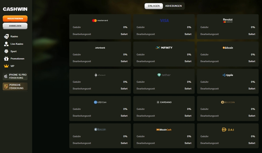 Einzahlungsmethoden im Cashwin Online Casino in Deutschland