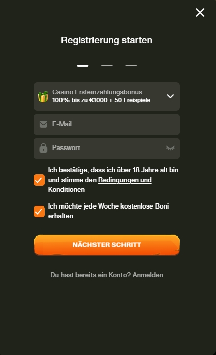 Registrierung im Cashwin Online Casino in Deutschland